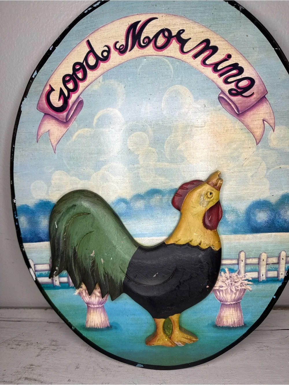 Good Morning Rooster Wall Plaque - Green, Black, Yellow